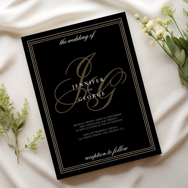 Invitación Boda romántico de las iniciales del monograma de o (Black gold monogram initials romantic wedding)