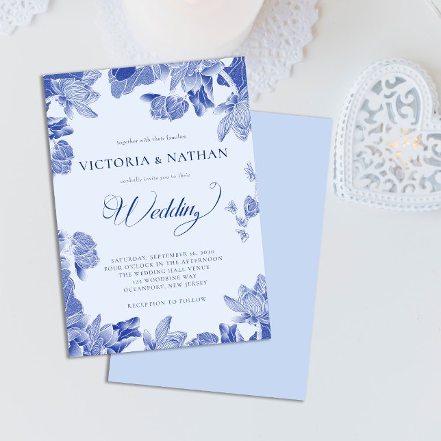 Invitación Boda romántico de Lotus Floral Rústico Azul (Subido por el creador)