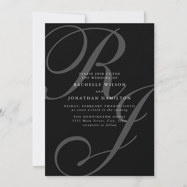 Invitación Boda romántico de monograma negro y blanco (Anverso)