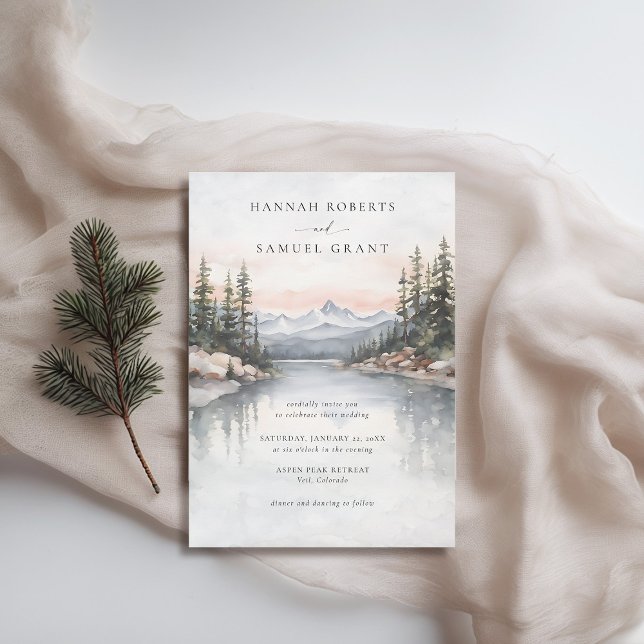 Invitación Boda romántico de Montaña River Scene Rocky Ridge (mountains wedding invitation rustic outdoors rocky ridge river watercolor scene modern earthy)