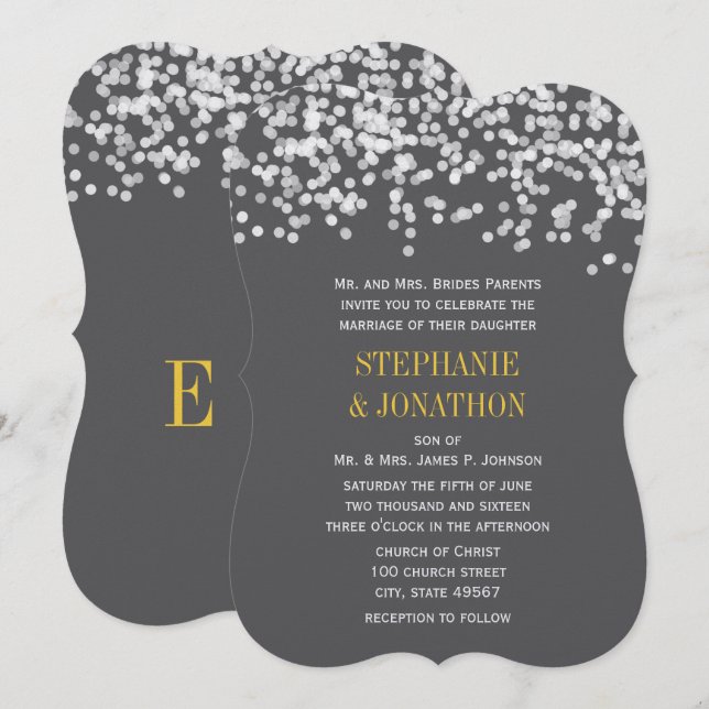 Invitación Boda romántico de noche estrellado gris y amarillo (Anverso / Reverso)