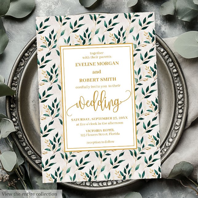 Invitación Boda Romántico de Oro Verde Ecológico Eucaliptus (Romantic Forest Green Gold Eucalyptus Wedding Invitation)