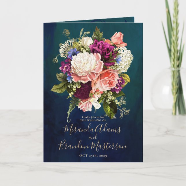 Invitación Boda romántico de oro verde esmeralda floral (Anverso)