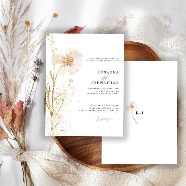 Invitación Boda Romántico de Oro y Flores Presionadas Rubor (Subido por el creador)