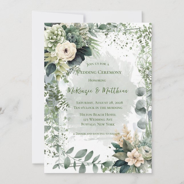 Invitación Boda Romántico de Peonía Verde Beige (Anverso)