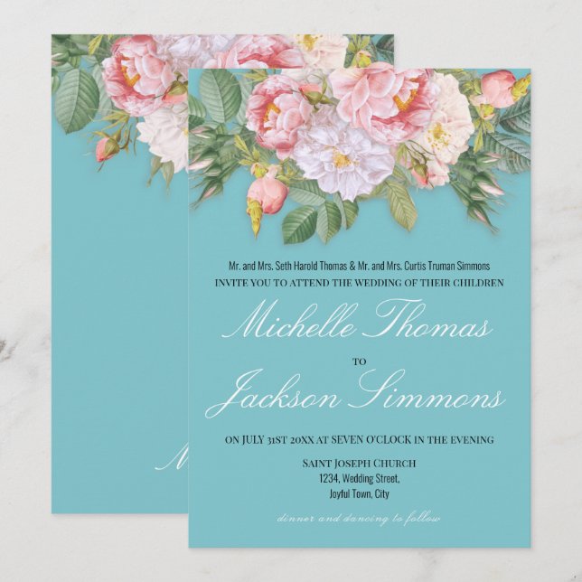 Invitación Boda romántico de rosas rosa azul claro (Anverso / Reverso)