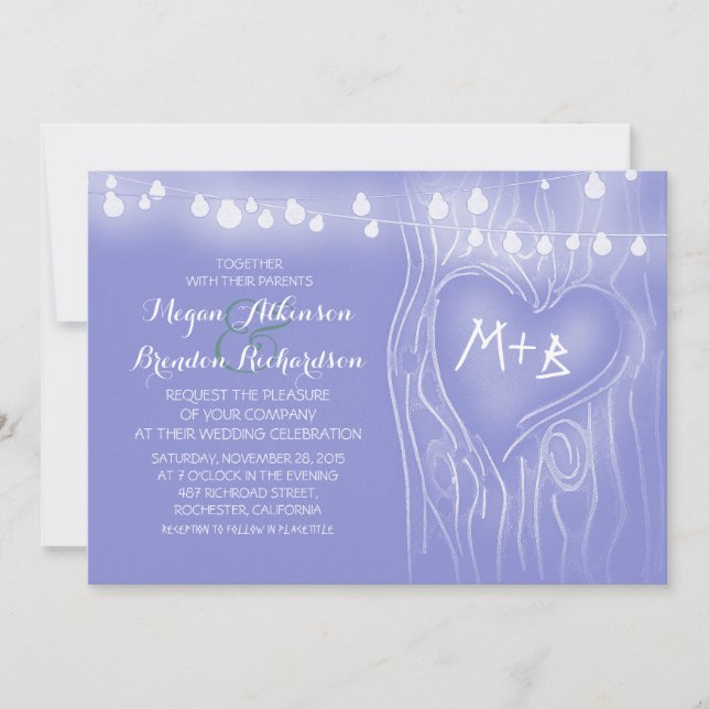 Invitación Boda romántico de tres luces de cuerda azul y eleg (Anverso)