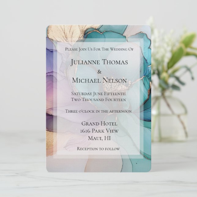 Invitación Boda romántico dorado Aqua Blue Purple Floral (Anverso de pie)