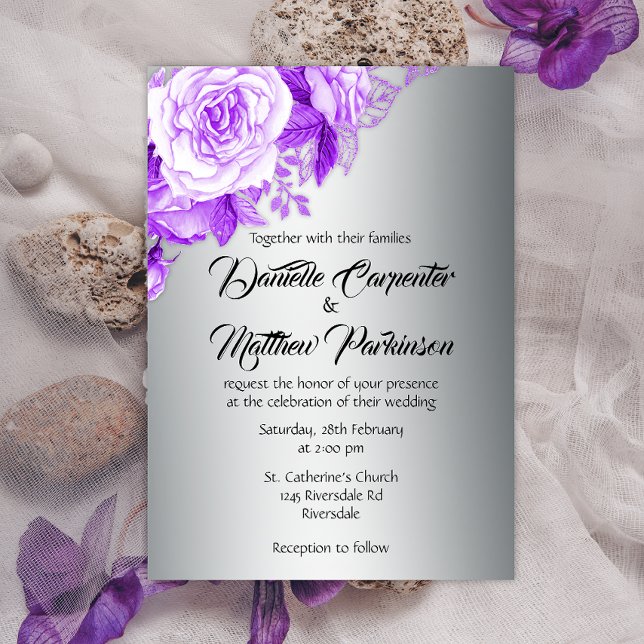 Invitación Boda Romántico Elegance Silver y Purple Rosas (Subido por el creador)