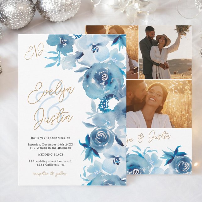 Invitación Boda Romántico Elegante Azul Floral Acuarela (Romantic Elegant blue Floral Watercolor Wedding Invitation)