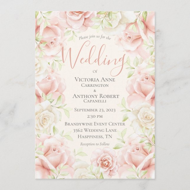 Invitación Boda romántico elegante floral rosa de Rubor (Anverso)