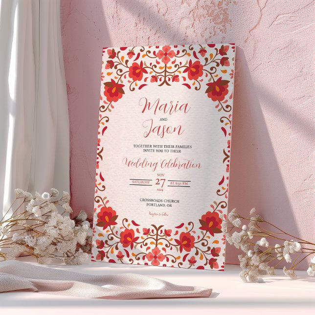 Invitación Boda romántico estético floral rosado mexicano (Mexican Red Pink Floral Aesthetic Romantic Wedding Invitation)