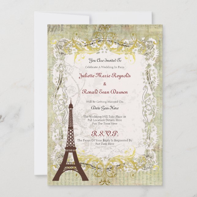 Invitación Boda romántico estilo vintage de París (Anverso)