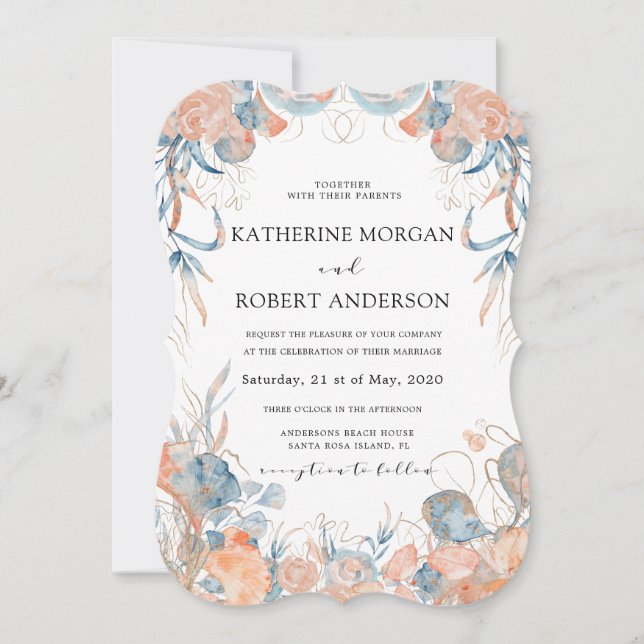 Invitación boda romántico floral azul (Anverso)