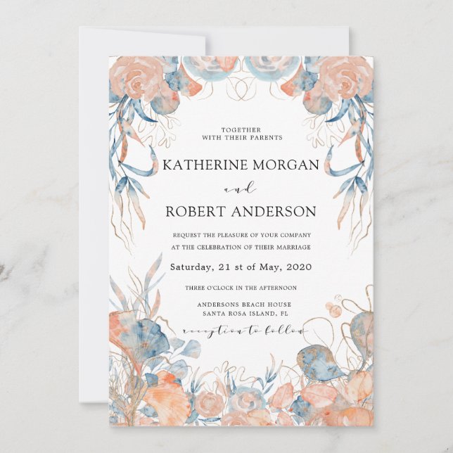 Invitación boda romántico floral azul (Anverso)