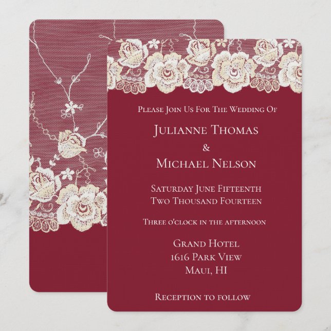 Invitación Boda romántico floral de encaje blanco crema roja (Anverso / Reverso)