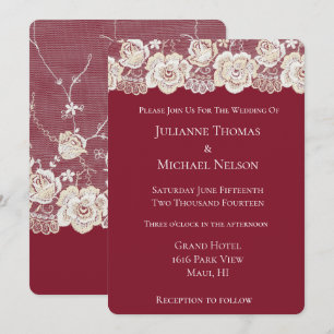 Invitación Boda romántico floral de encaje blanco crema roja