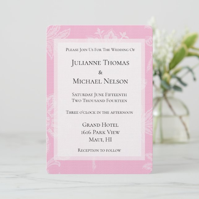 Invitación Boda romántico floral de encaje blanco rosado boni (Anverso de pie)