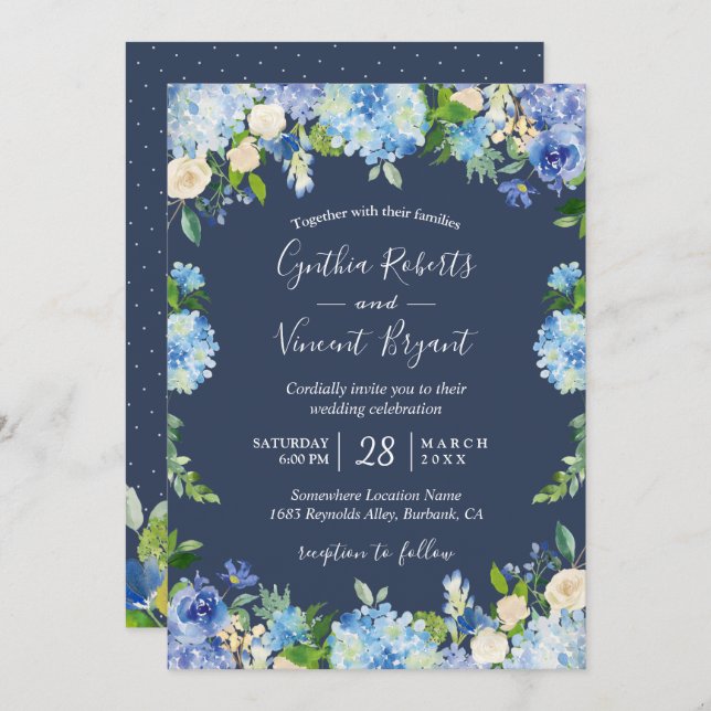 Invitación Boda romántico floral de Navy Blue Hydrangeas (Anverso / Reverso)