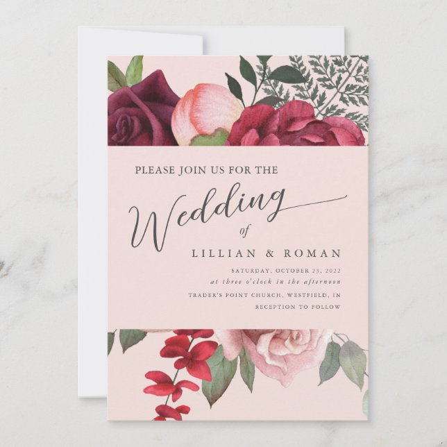 Invitación Boda romántico floral de novias Bouquet rosa (Anverso)