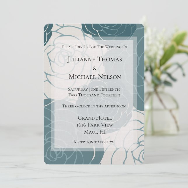 Invitación Boda romántico floral de rosas azules y blancas (Anverso de pie)