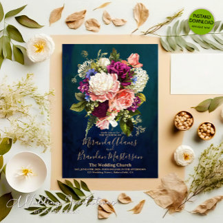 Invitación Boda Romántico Floral Esmeralda Verde Oro
