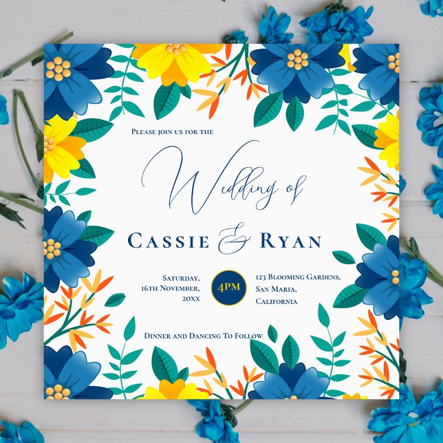 Invitación Boda romántico floral floral amarillo azul brillan (Pretty Bright Blue Yellow Floral Romantic Wedding Invitation)