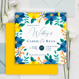 Invitación Boda romántico floral floral amarillo azul brillan