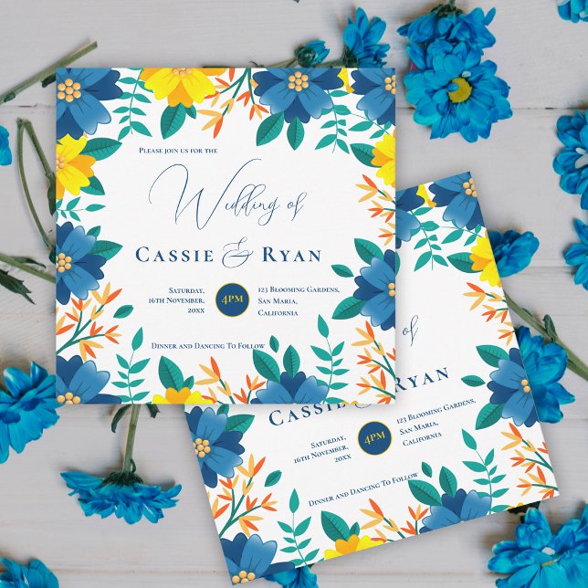 Invitación Boda romántico floral floral amarillo azul brillan (Pretty Bright Blue Yellow Floral Romantic Wedding Invitation)