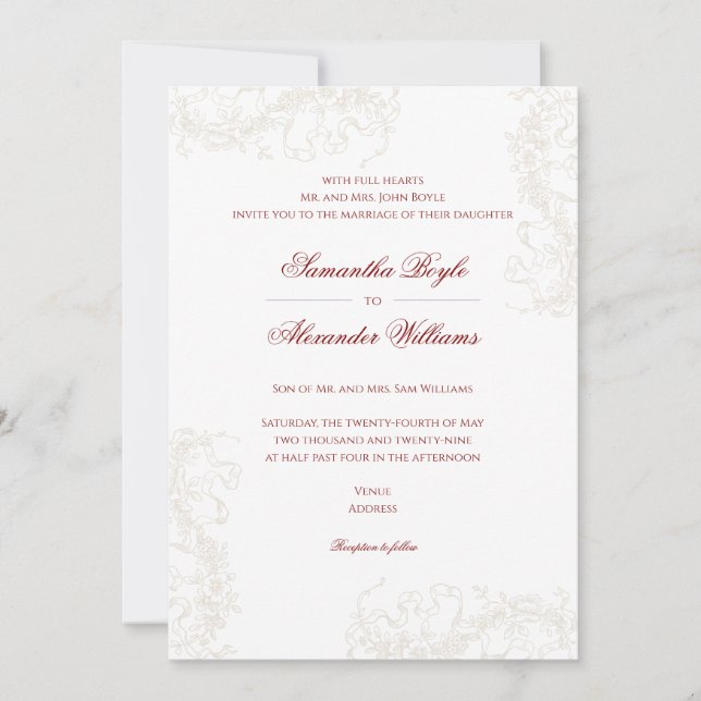 Invitación Boda Romántico Floral Francés Rococo Maroon (Anverso)