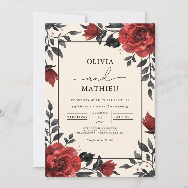 Invitación Boda romántico floral profunda (Anverso)