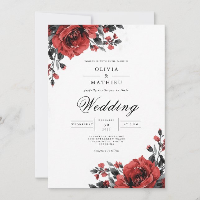 Invitación Boda romántico floral rojo rico (Anverso)
