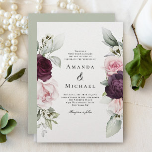 Invitación Boda romántico floral rosa y borgoñona
