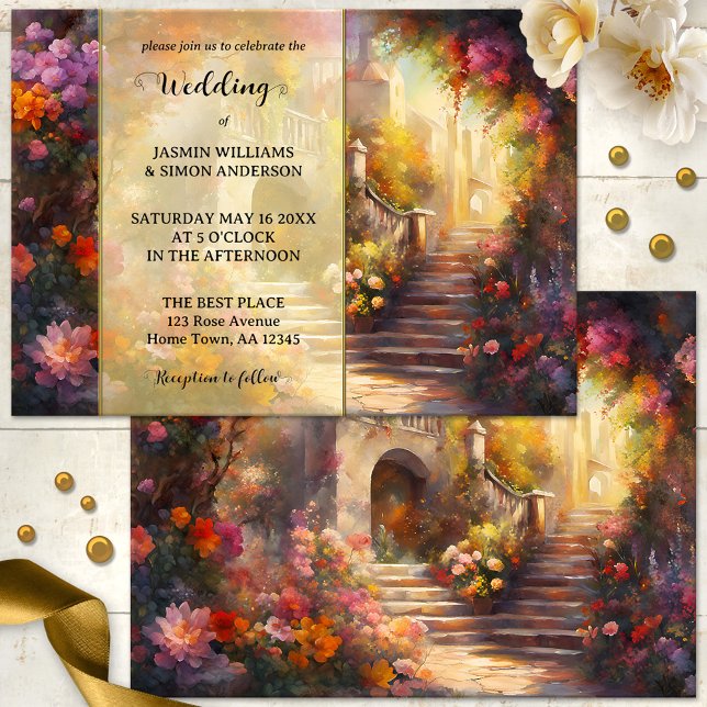 Invitación Boda romántico italiano de arte floral (Wedding invitation featuring a dreamy artistic scene inspired by an Italian summer)