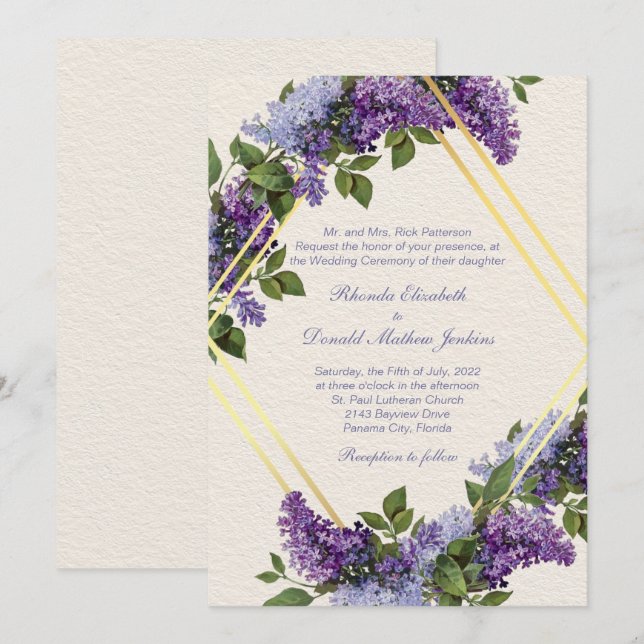 Invitación Boda romántico lílico púrpura (Anverso / Reverso)