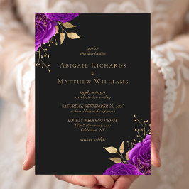Invitación Boda romántico morado dorado floral oscuro