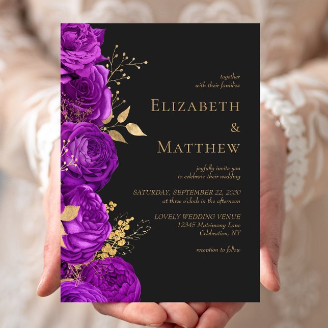 Invitación Boda romántico morado dorado oscuro floral (Subido por el creador)