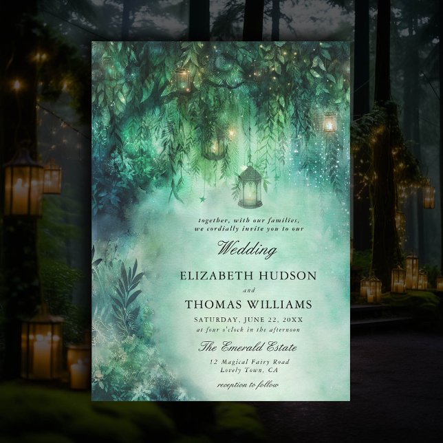 Invitación Boda romántico oscuro encantado con el tema del bo (dark romantic wedding invitation enchanted forest theme fairytale romantic fairy lights emerald boho)