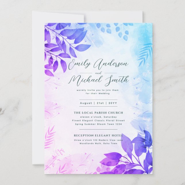 Invitación Boda Romántico Purple Aqua Photo Qr Code Rsvp (Anverso)