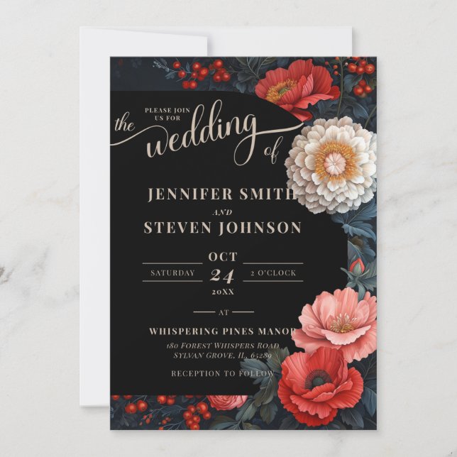 Invitación Boda romántico rojo y negro floral (Anverso)