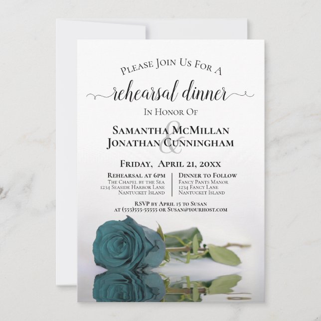 Invitación Boda romántico Rosa Verde azulado ensayo cena (Anverso)