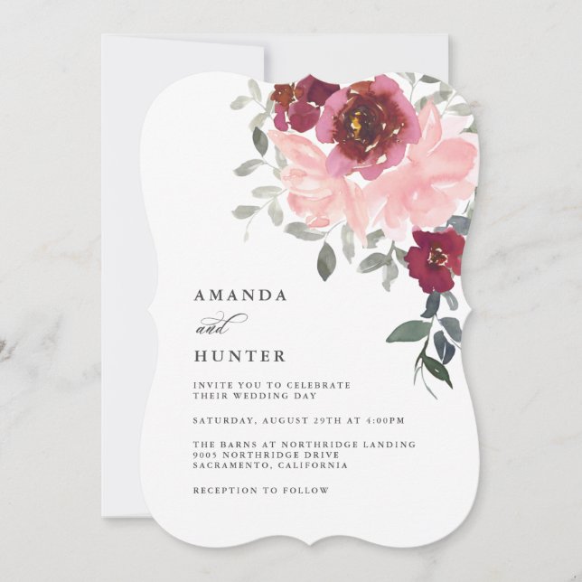 Invitación Boda romántico rosa y borgoñona floral (Anverso)