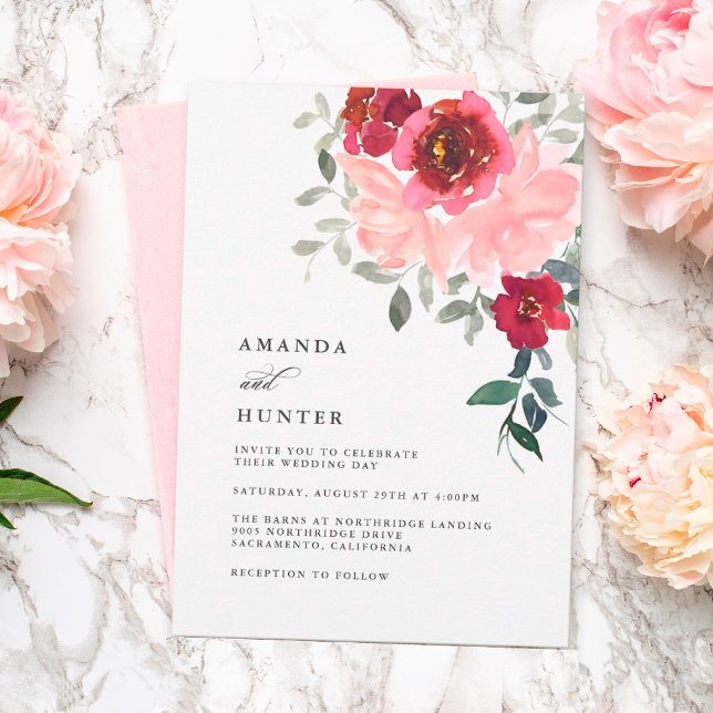 Invitación Boda romántico rosa y borgoñona floral (Subido por el creador)