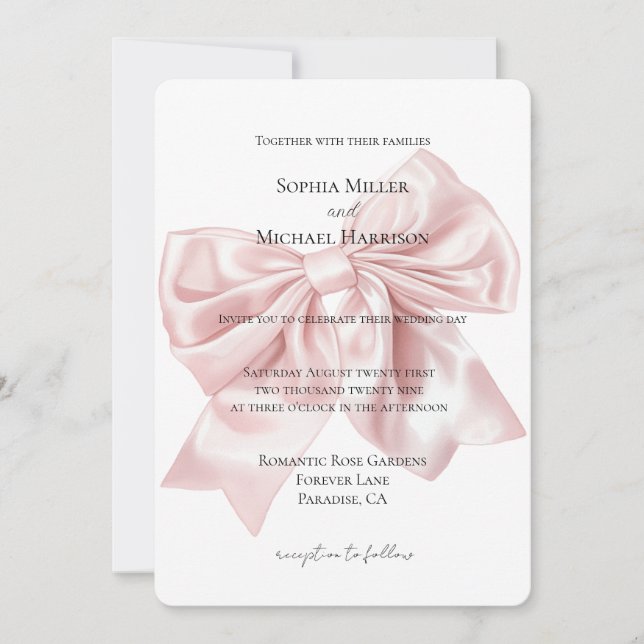 Invitación Boda romántico Rubor Pink Bow (Anverso)