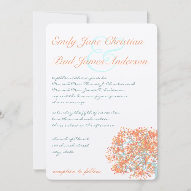 Invitación Boda Romántico Rústico del Árbol de Coral (Anverso)