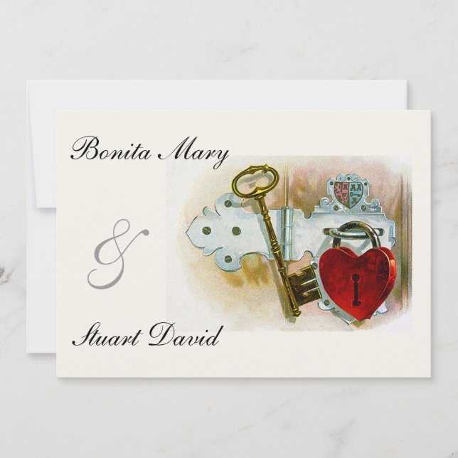 Invitación Boda Romántico Vintage Bloqueo cardíaco y llave (Anverso)