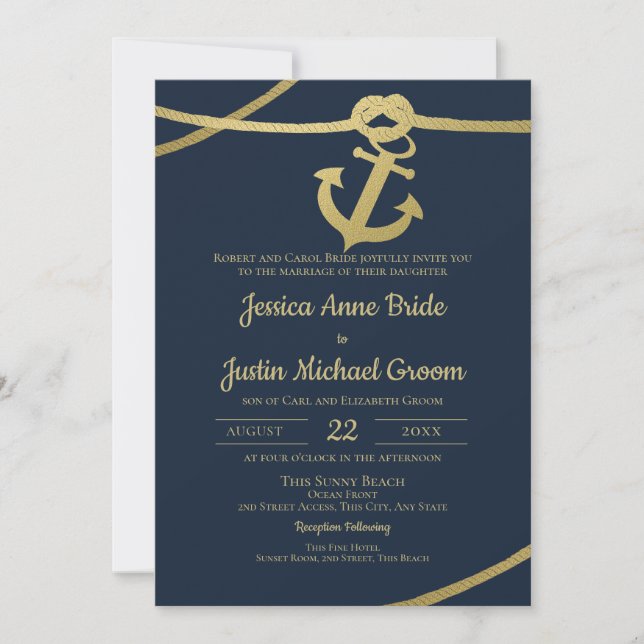 Invitación Boda Rope Anchor Gold y Navy Blue (Anverso)