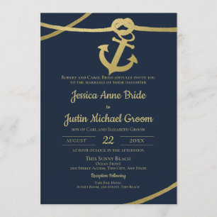 Invitación Boda Rope Anchor Gold y Navy Blue