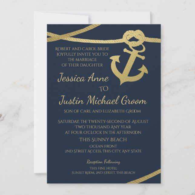 Invitación Boda Rope Anchor Gold y Navy Blue (Anverso)