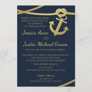 Invitación Boda Rope Anchor Gold y Navy Blue